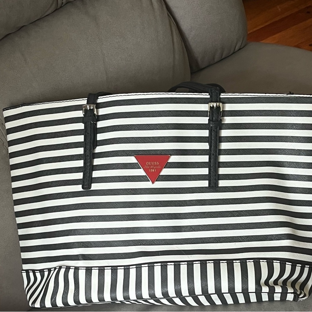 Guess Black and White Striped Tote